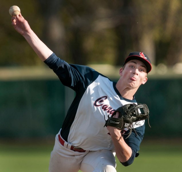 THROWING HEAT – Joe Karall uncorks a pitch for the St. Albert Cardinals in the Norwest Midget AAA Baseball League. This weekend the Cardinals (16-1) host Calgary Dinos Black