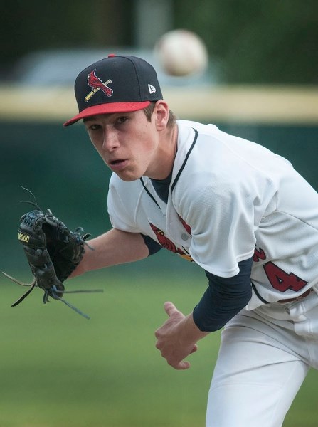 SLAB ARTIST â€“ Tyson Kowaluk fires a strike for the St. Albert Cardinals in the Baseball Alberta bantam AAA league. Tonight the Cardinals (11-4) host the Parkland Twins
