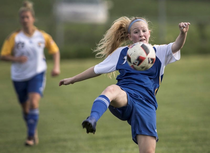 BIG BOOT – Keara Quinn lines up a kick for the St. Albert Impact/Inter SC premier women&#8217;s team in the Edmonton District Soccer Association. Impact/Inter (5-3-1) is