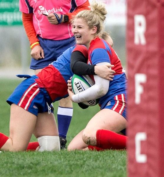 FINISHER â€“ British import Carys Williams celebrates a try for the St. Albert Rugby Football Club in the Alberta women&#8217;s premier league. Today at 10:30 a.m. SARFC