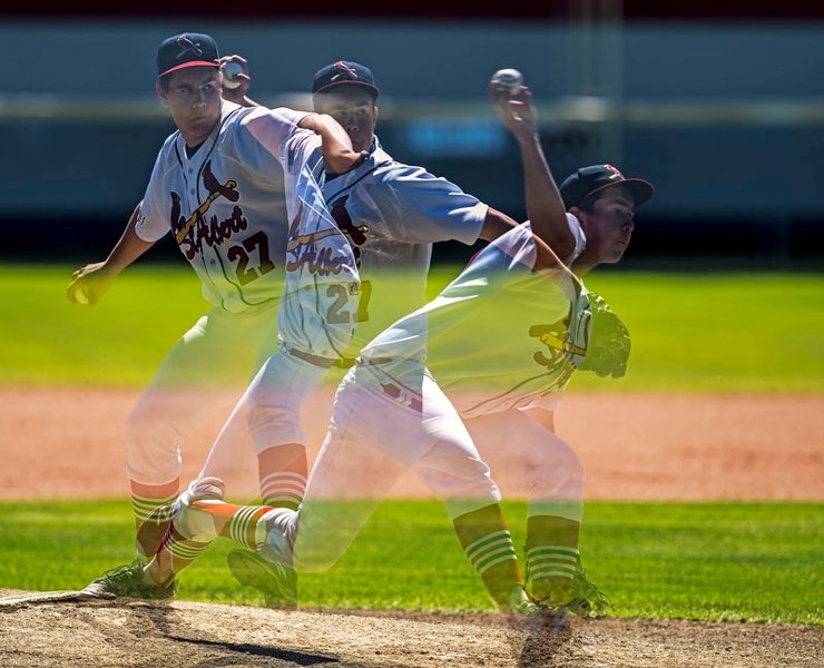 FASTBALLER &#8211; Connor Wanhella delivers a pitch for the bantam AAA St. Albert Cardinals in this multiple exposure against Okotoks Dawgs Black in Saturday&#8217;s