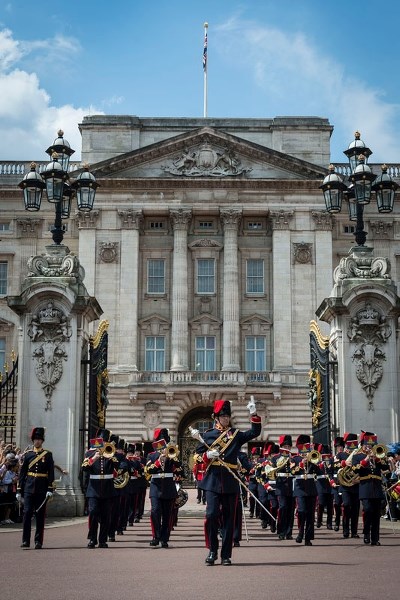 The Royal Canadian Artillery Band performs in front of Buckingham Palace during the changing of the guard ceremonies on June 26.