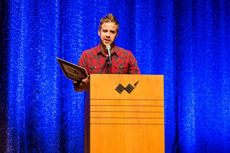 St. Albert singer-songwriter Dan Davidson enjoys a moment in the spotlight at the 2017 Edmonton Music Awards during his acceptance speech for winning Country Recording of the 