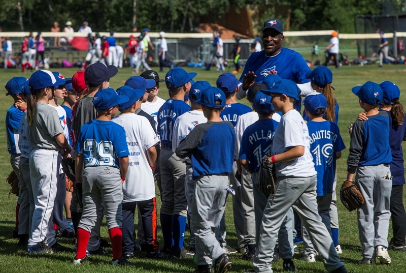 Blue Jays alumnus Lloyd Moseby runs drills during day one of the Blue Jays Super Camp.