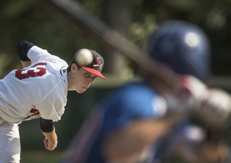 TWIRLER – Tom Leathem of the St. Albert Cardinals fires a pitch in Saturday&#8217;s 13-0 shutout in five innings against the Calgary Cubs in the NorWest Midget AAA Baseball