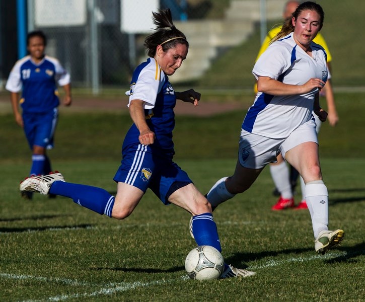 SWINGING INTO ACTION â€“ Mia Simon winds up to boot the ball for the St. Albert Impact 1 team in Tuesday&#8217;s premier match against Dreadnought in the Edmonton District