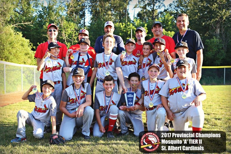 PROVINCIAL CHAMPIONS â€“ The St. Albert Cardinals are the Baseball Alberta mosquito A Tier II champions after defeating Parkland Twins White 13-10 July 25 in Spruce Grove.