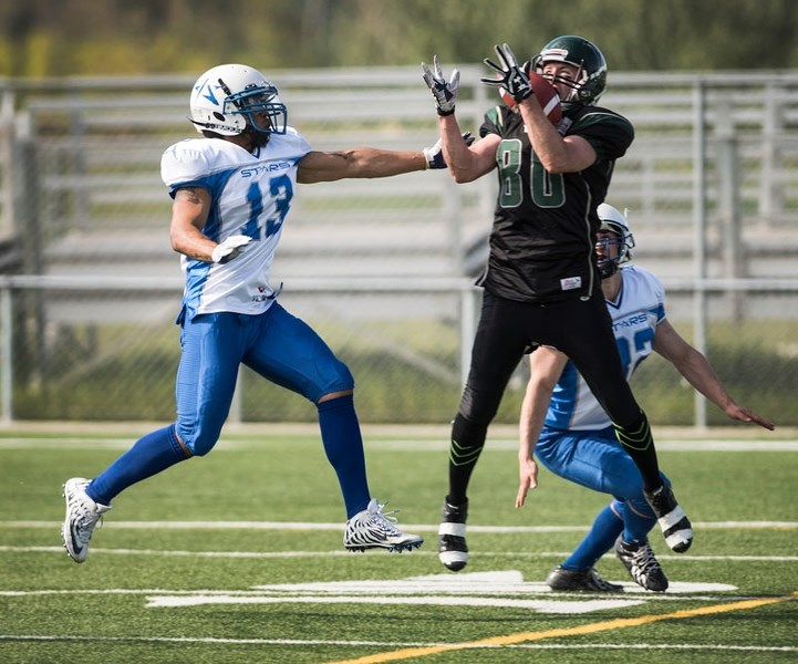 STARBURST â€“ Adam Nesbitt of the St. Albert Stars was unable to stop the Lloydminster Vandals&#8217; receiver from making a reception during Alberta Football League action