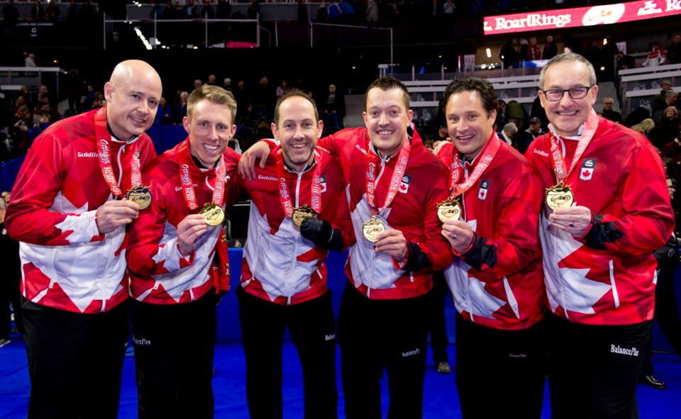 Kanata ON.December 10, 2017.Tim Hortons Roar of the Rings Curling Trials.Team Koe, skip Kevin Koe, lead Ben Hebert, second Brent Laing, third Marc Kennedy. Curling Canada/