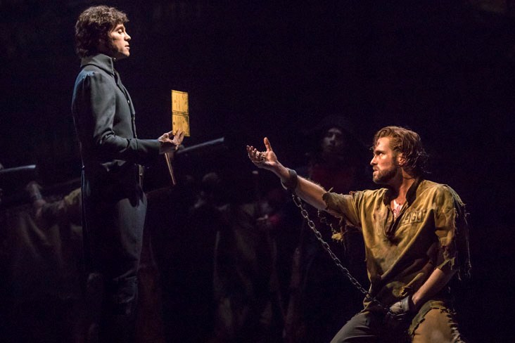 CHATTER Les Miserables WEB Josh Davis (Inspector Javert) and Nick Cartell (Jean Valjean)Photo Matthew Murphy