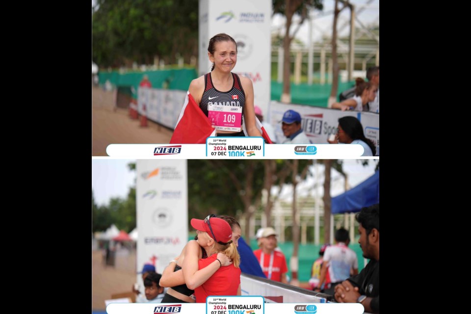 As she completes the race, an emotional McBride hugs Association of Canadian Ultrarunners President Bernadette Benson.