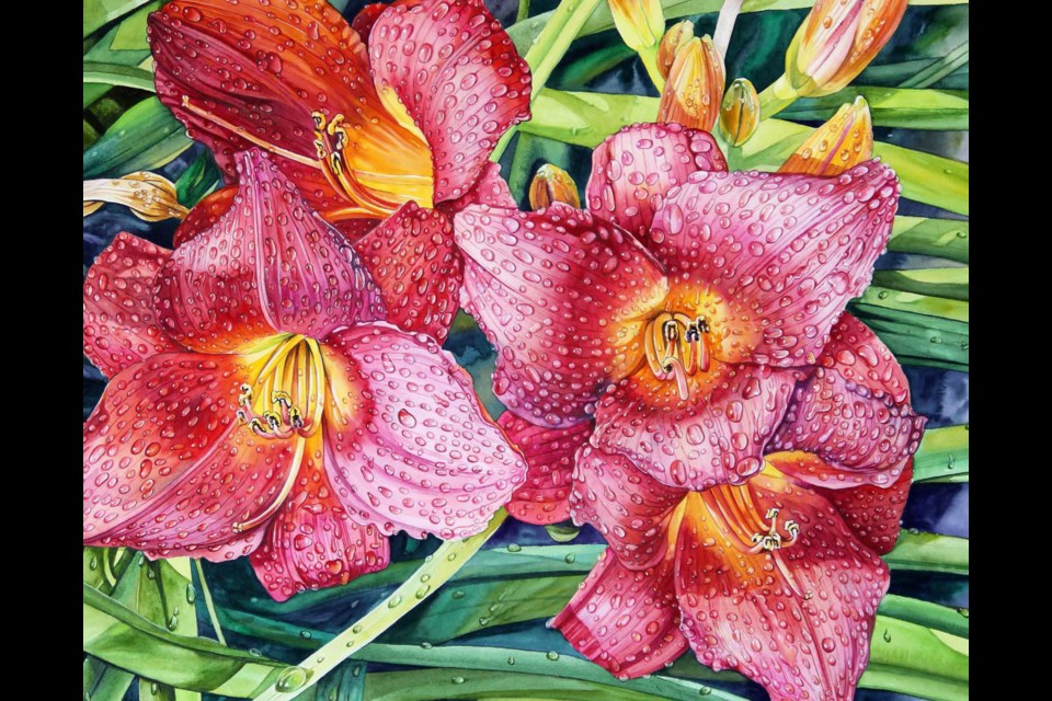 In Jeweled Lilies, Darcy Polny's passion for nature inspired him to incorporate 2,080 droplets of water on the flowers. 