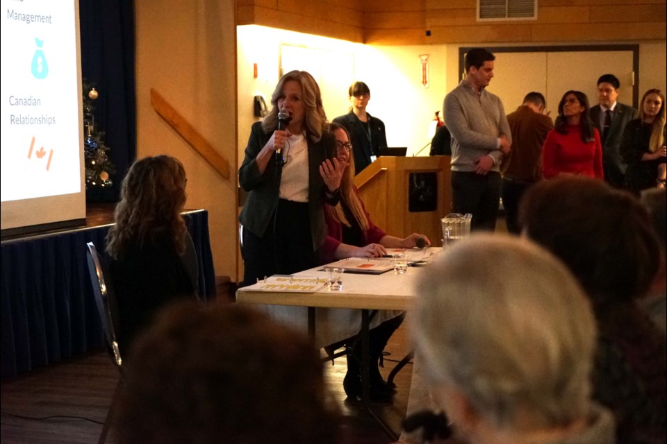 NDP Leader Rachel Notley addresses a crowd gathered at the St. Albert Legion to voice concerns and questions about an Alberta-run pension plan. RILEY TJOSVOLD/St. Albert Gazette