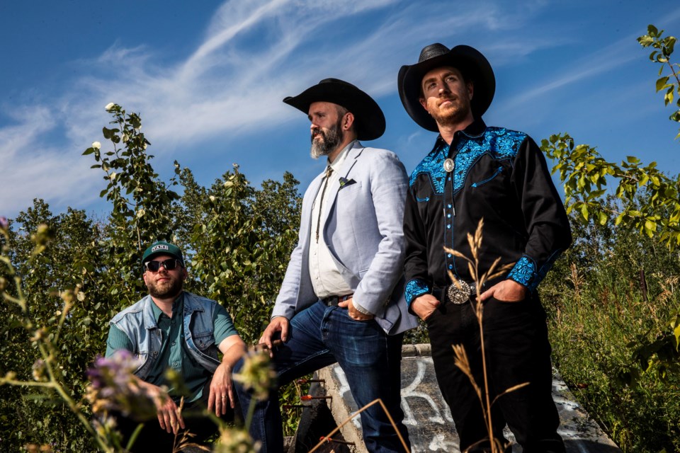 Edmonton’s Codie McLachlan with best buddies and bandmates, St. Albert’s Dylan Cuvilier and St. Albert raised Steve Wenger are the cowpunk power trio Rigger Morris. The group’s new EP and singles start streaming Oct. 4.