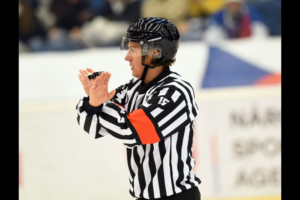St. Albert referee Lacey Senuk making a call at one of her games. SUPPLIED/Photo