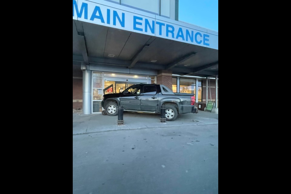 A black truck drove into the front doors of the Sturgeon Hospital. The driver immediately went to seek medical attention.