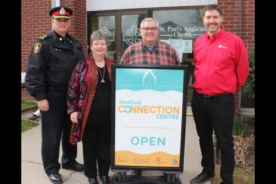 Stakeholders in attendance at Stratford Connection Centre at St. Paul’s Anglican Church, from left: Stratford Police Service Chief Greg Skinner, Catherine Hardman, executive director, Choices for Change, Frank Etwell, St. Paul’s Anglican Church and Ryan Erb, executive director, United Way Perth-Huron. 