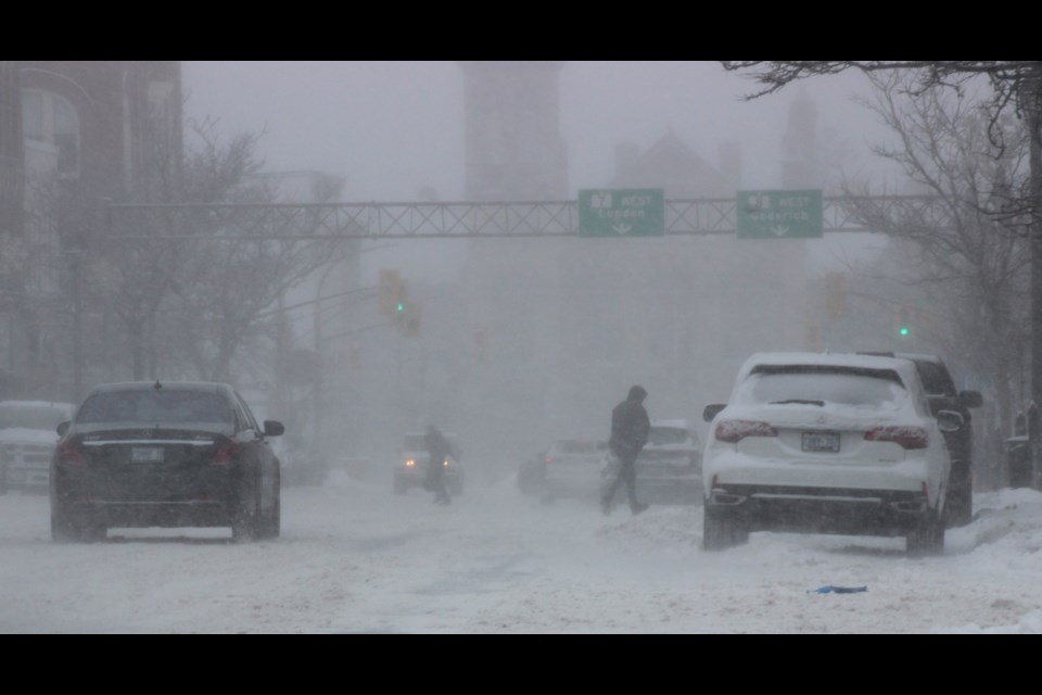 Stratford's Ontario Street during the winter storm over the holidays. (Paul Cluff/StratfordToday/file photo). 