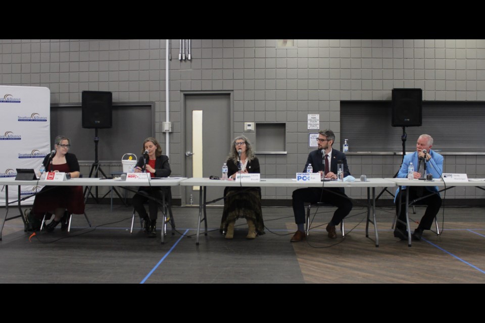 Candidates in the provincial election, from left: Ashley Friest-Fox (Liberal), Jo-Dee Burbach (NDP), Laura Bisutti (Green Party), Matthew Rae (PC Party of Ontario) and Sandy William McGregor, Ontario Party. Bob Hosken of the New Blue Party was not in attendance. 