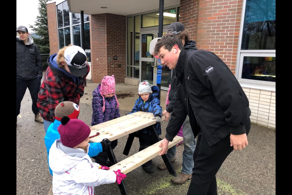 Manufacturing Specialist High Skills Major students designing and building new picnic tables in collaboration with the Avon Public School's kindergarten program.
