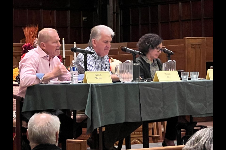 Mayoral candidates (from left) Martin Ritsma, Robert Ritz, and Kathy Vassilakos at the Copperlight debate on Wednesday