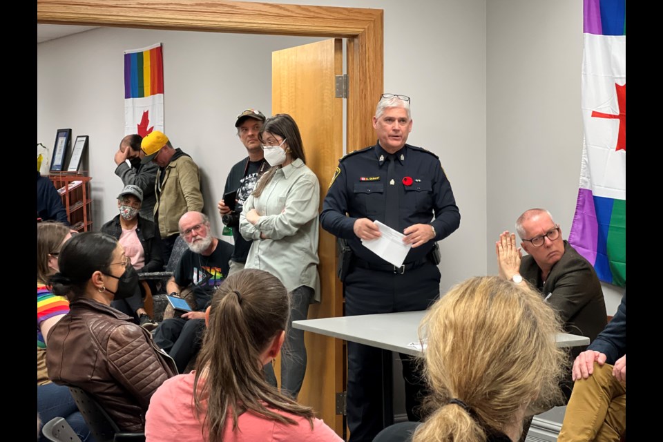 Stratford Police Chief Greg Skinner addresses guests at a community meeting at the Stratford Pride Community Centre on Wednesday night. 