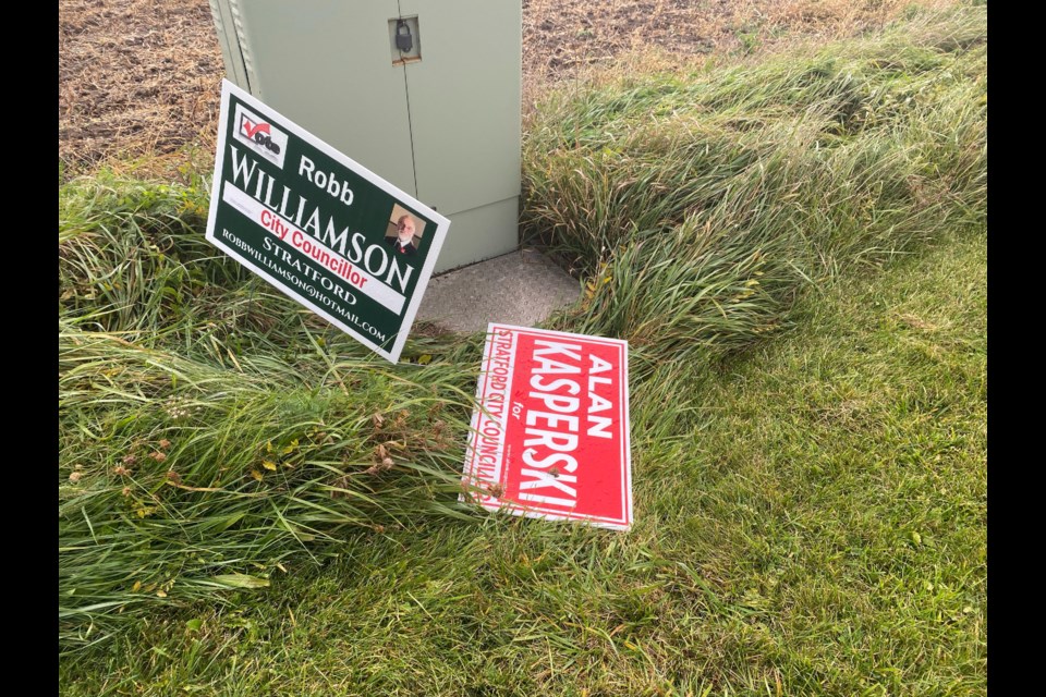 Stratford city council candidates Robb Williamson and Alan Kasperski have confirmed sign tampering, damage, and theft.