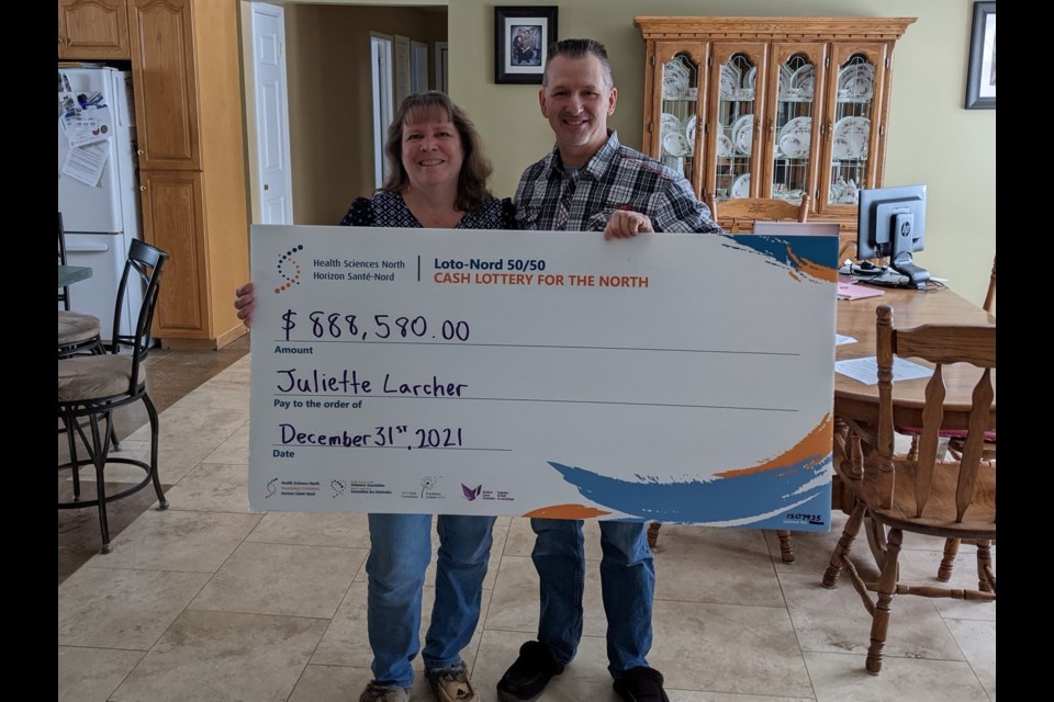 Juliette Larcher of Hanmer is the lucky winner of the December HSN 50/50 $888,580 grand prize jackpot. In the photo, Juliette was with her husband Jean-Marc Larcher. (Photo Supplied)
