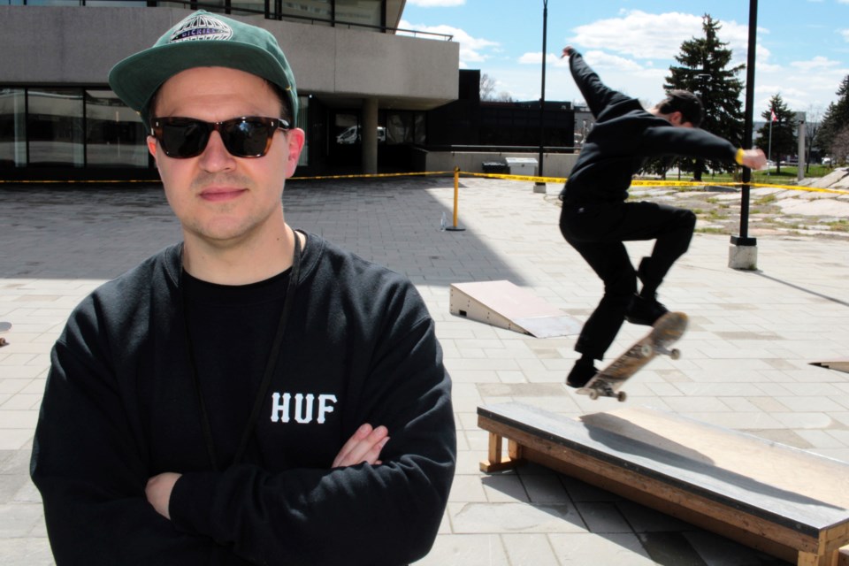 Ollie North director Nico Taus is pictured with a skateboarder performing a trick behind him at the Tom Davies Square courtyard on Thursday during the skateboard advocacy group’s formal launch.

Tyler Clarke / Sudbury.cominary comment