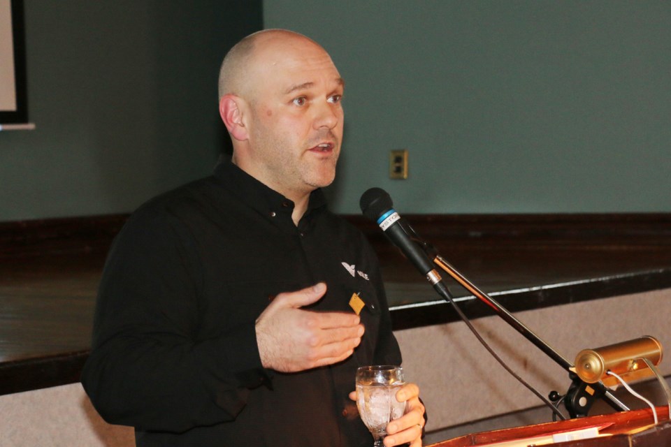 Colin Pegues, general manager of the Copper Cliff Mining Complex, was the keynote speaker May 3 at the annual mining week business lunch in Copper Cliff.  
(Len Gillis/Sudbury.com)