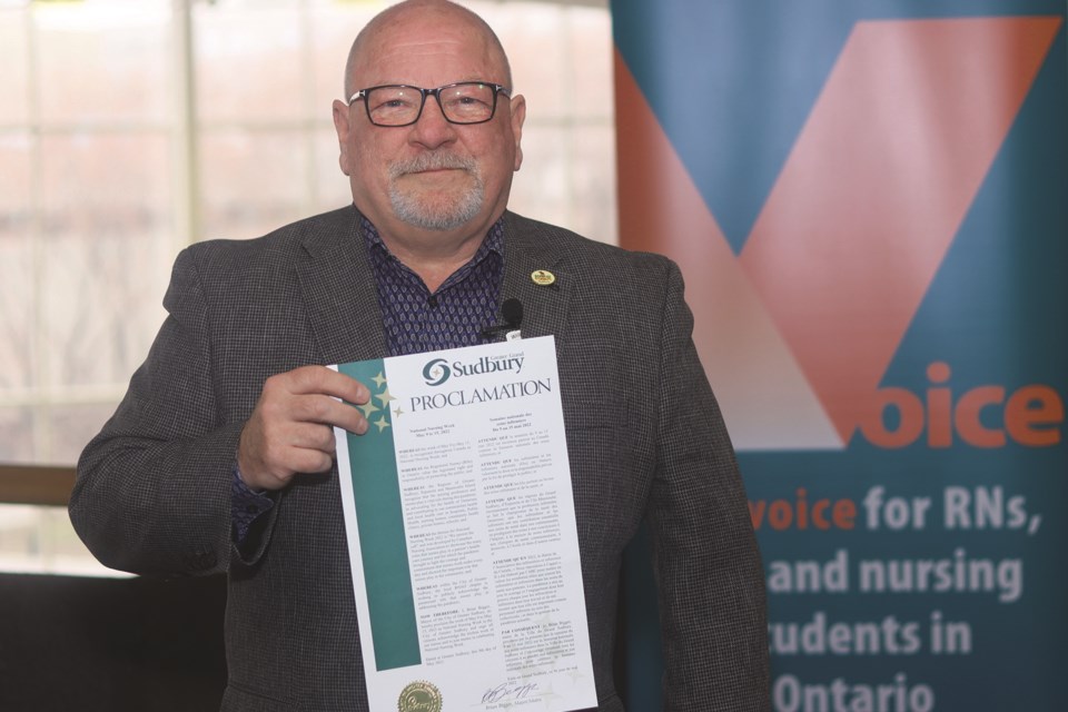Greater Sudbury mayor Brian Bigger with the official proclamation for nursing week. (Photo Supplied)