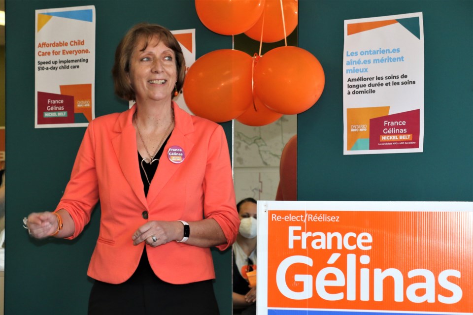 Nickel Belt NDP candidate France Gélinas at the official opening of her campaign committee rooms in Val Caron on Saturday. (Len Gillis / Sudbury.Com)