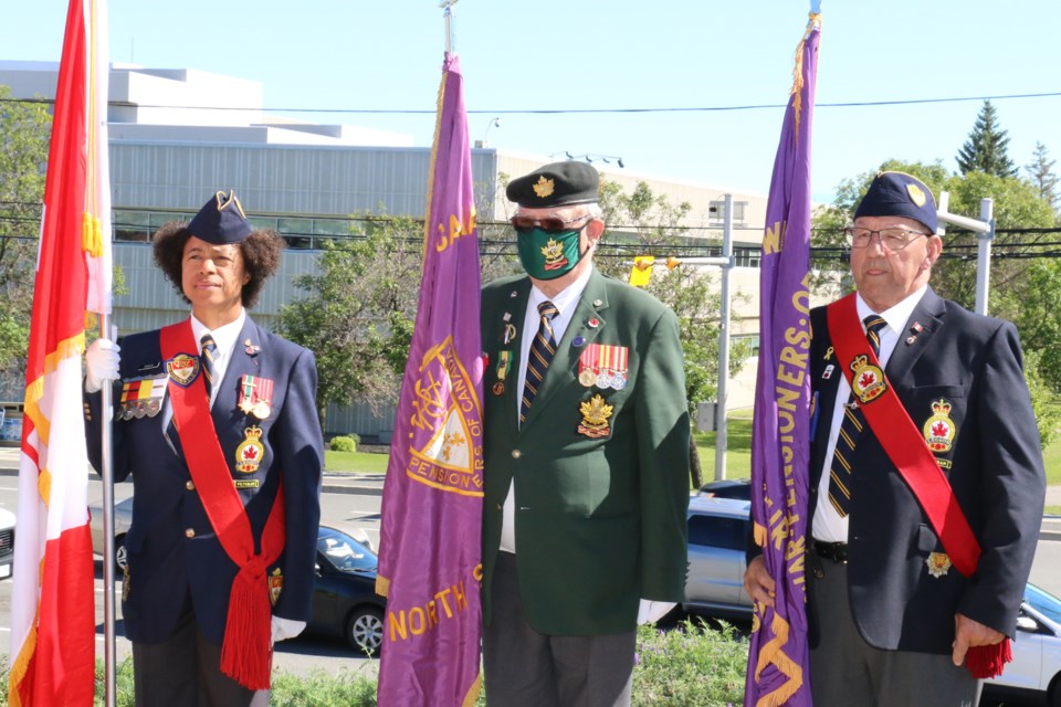 Colour party members, from left to right, Jenny Bingham, Norm Duffy and Roger Bujold. (Len Gillis/Sudbury.Com)