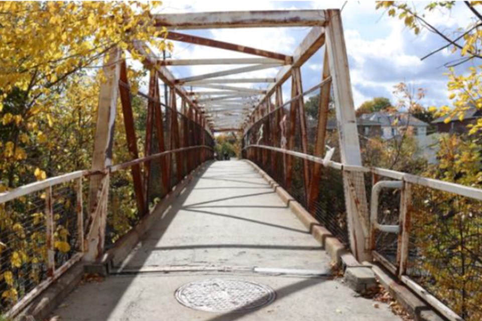 The Nelson Street pedestrian bridge spans the railroad tracks east of the Bridge of Nations, and will be replaced next year with a new structure.

Supplied