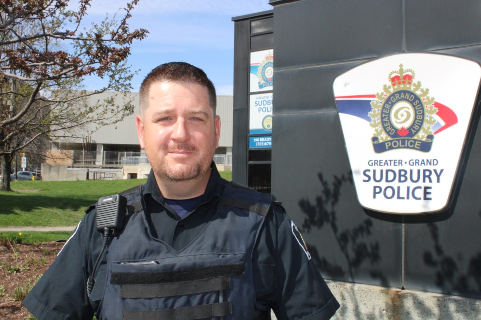 Cst. Andrew Hinds is seen outside of Greater Sudbury Police Service headquarters this month, after arriving back home from motorcycle competitions in the United States.
Tyler Clarke / Sudbury.com
