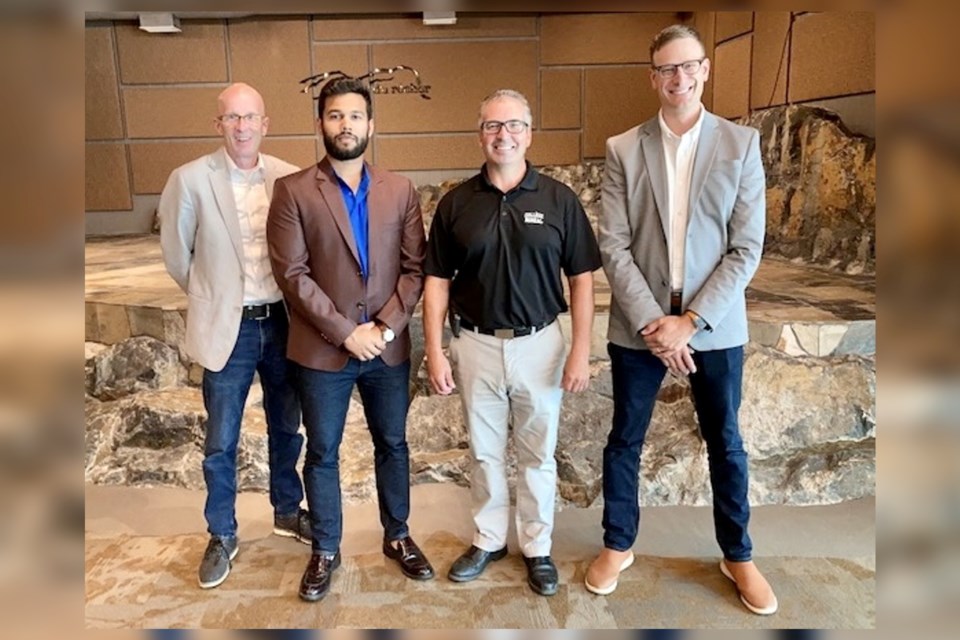 Our House/Notre Maison, the plan is to develop homes that are unique, easy to construct and cost -effective. From left to right: Michael Cullen, Habitat for Humanity Ontario Gateway North; Karsh Singh, Soublière Constructors; Daniel Giroux, Collège Boréal; Jeffrey Malo, EllisDon. Absent: Mike Ladyk, 3rdLine.Studio.Supplied