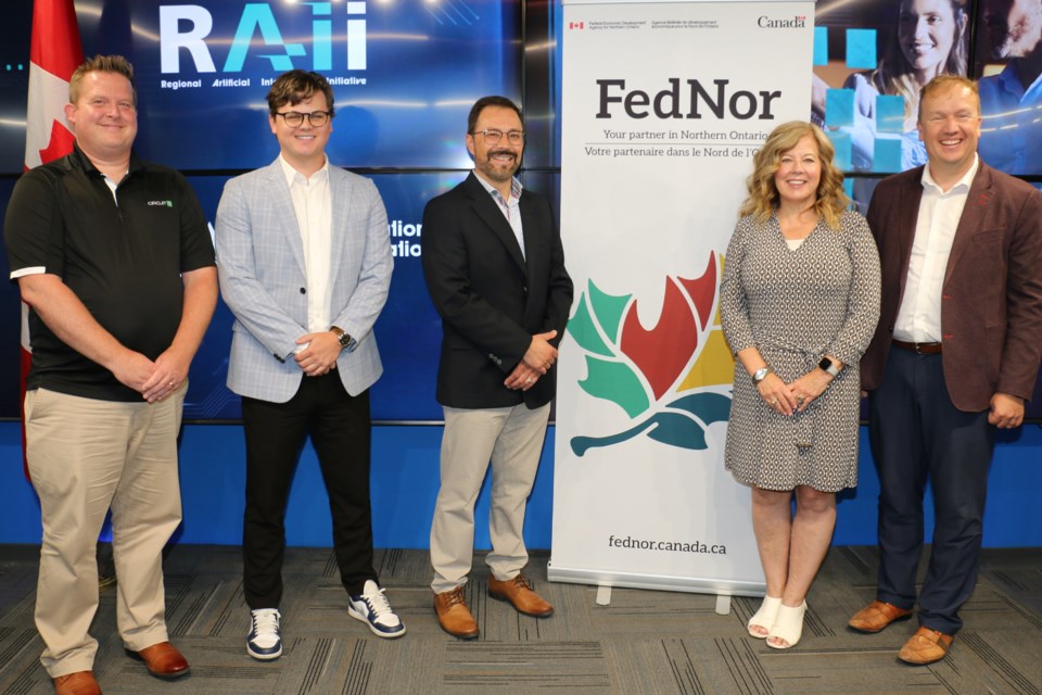 Those taking part in the FedNor funding announcement in Sudbury included, left to right, Circuit IQ CEO Luke Begley, NORCAT innovation coordinator Brendan Skiffington, NORCAT chief operating officer Jason Bubba, Sudbury MP Viviane Lapointe, and Sudbury Mayor Paul Lefebvre.   
Len Gillis/Sudbury.com 
