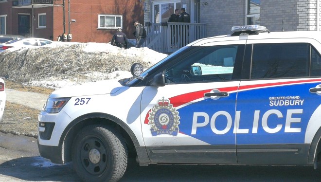 Members of Greater Sudbury Police's tactical unit arrested a 43-year-old man Thursday after receiving reports of a woman being assaulted outside a home on Paquette Street. (Arron Pickard/Sudbury.com)