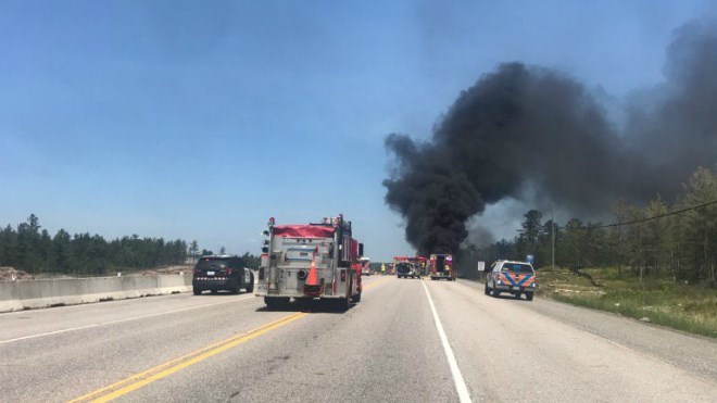  A serious collision on Highway 69 south of French River has closed the roadway, police said Thursday afternoon. (Twitter.com/@OPP_NER)