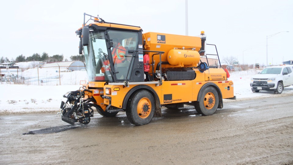 The City of Greater Sudbury’s newly acquired Python 5000 pothole-filling machine is seen at work in the city.
