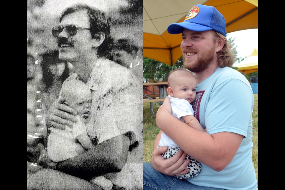 A side by side of a photo that ran in Northern Life back in 1986 of then Northern Lights Festival Boréal director Scott Merrifield holding his then infant son Max Merrifield, the festival's current executive director. File photo