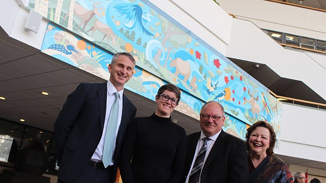 To celebrate Canada's 150th birthday, students and faculty from the School of Art and Design at Cambrian College painted a mural that is now on display at Tom Davies Square on April 25. Cambrian College president Bill Best (left), professor Johanna Westby, City of Greater Sudbury Mayor Brian Bigger and councillor Lynne Reynolds. (Heather Green-Oliver/Sudbury.com)