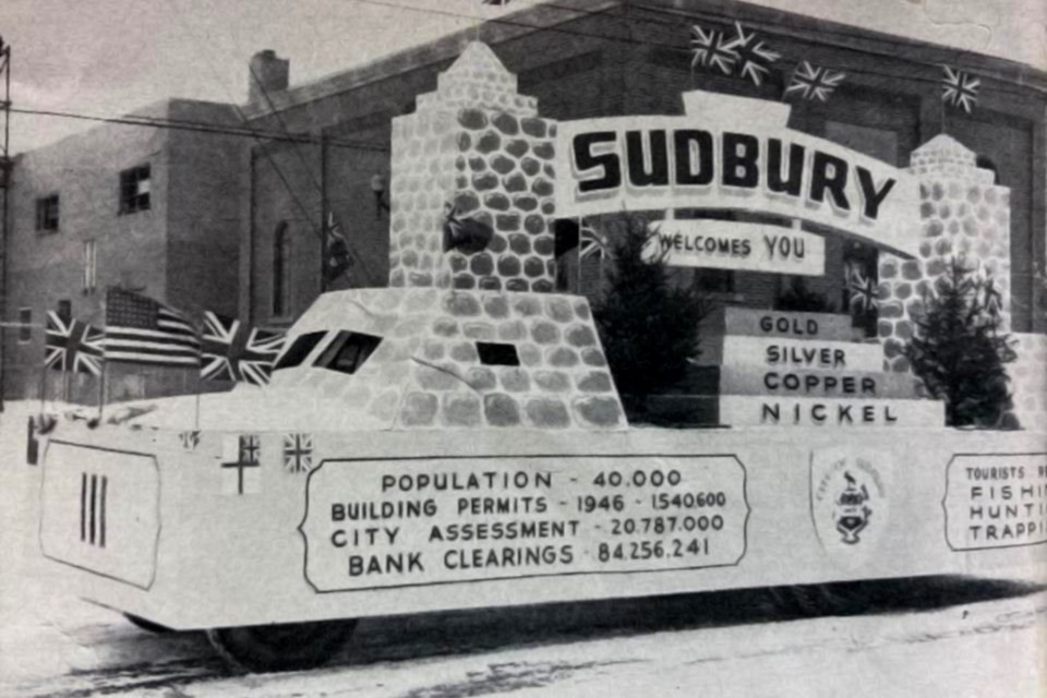 The City of Sudbury’s 1947 Winter Carnival Parade float highlights information about the municipality.