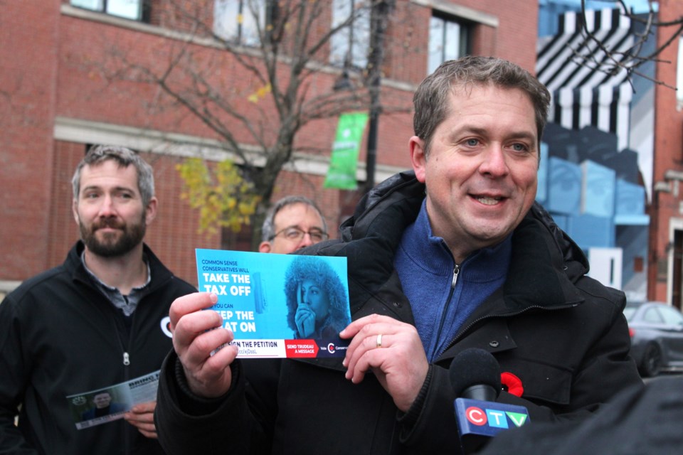 Opposition House Leader Andrew Scheer is seen in downtown Sudbury on Nov. 2, where he spoke to local journalists about the Conservative Party of Canada’s bid to “ax the (carbon) tax” on all forms of home heating fuel. A similar such motion was tabled at this time last year, and was defeated 202-116. 