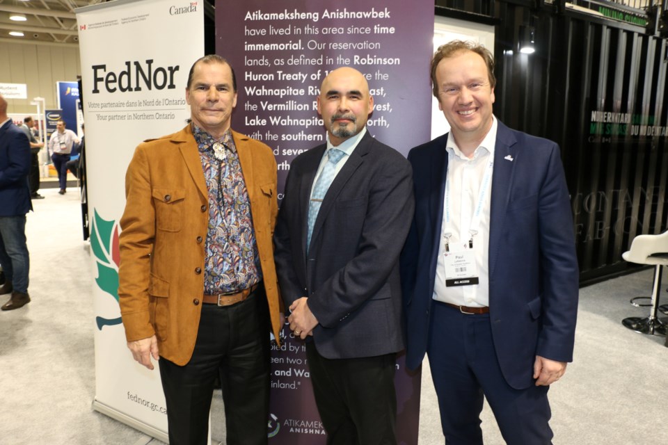 Wahnapitae First Nation Chief Larry Roque, Atikameksheng Anishnawbek Gimaa Craig Nootchtai and Greater Sudbury Mayor Paul Lefebvre are pictured at the 2025 Prospectors and Developers Association of Canada convention in Toronto on March 3, 2025.