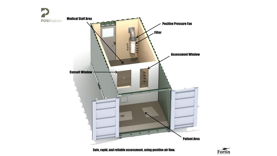 The POSIStation mobile assessment unit keeps doctors and patients isolated, but still able to interact. (Supplied)