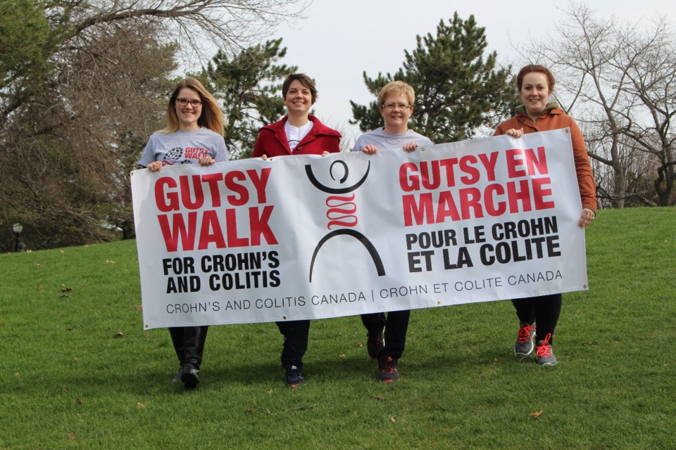 On June 4, Sudbury will join thousands of other Canadians in the Gutsy Walk in support of those impacted by Crohn's disease or ulcerative colitis. Sudbury Gutsy Walk media captain Lyndsay Moggy (left), Sudbury Gutsy Walk chair Sarah Lavoie, volunteers Lori Moggy and Steffany Burnes. (Heather Green-Oliver/Sudbury.com)