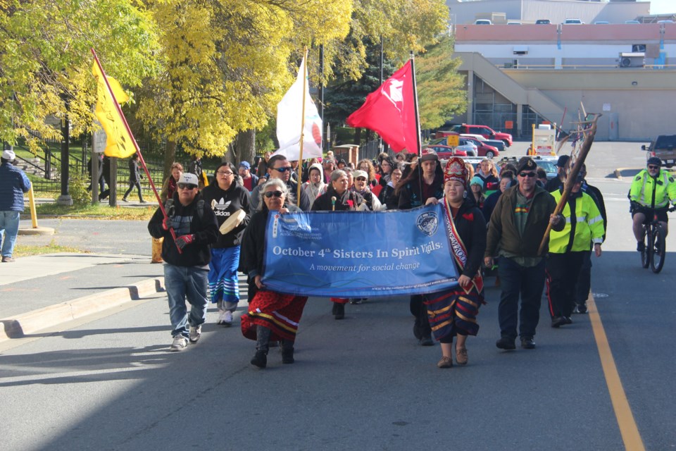 About 100 people took part in the Sisters in Spirit march in downtown Sudbury Thursday morning, honouring the lives of  missing and murdered indigenous women. (Heidi Ulrichsen/Sudbury.com)