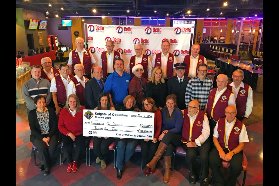 In partnership with Delta Bingo & Gaming, the Knights of Columbus Council 3909 donated $25,000 to local charities on December 4, 2018. Present at the cheque presentation were Maison McCullogh Hospice, Alzheimer Society, Childhood/Enfance, Inner City Homes and Elgin Street Mission, to name a few. From left to right: (Allana McDougall/Sudbury.com)
