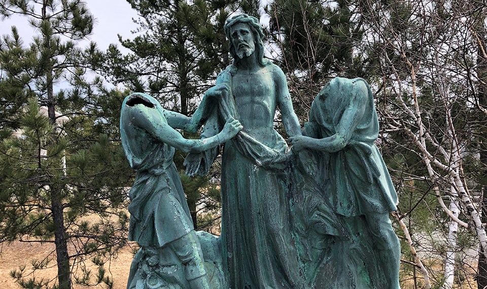 Eight statues depicting the Stations of the Cross at the Grotto of Our Lady of Lourdes were vandalized in May 2020. 